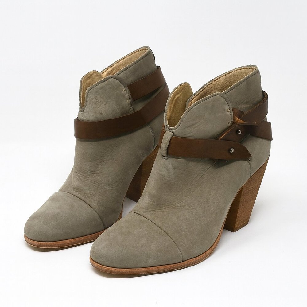 Rag & Bone Gray Leather Ankle Boots Stacked Heel Harness Strap Booties Chic 7.5